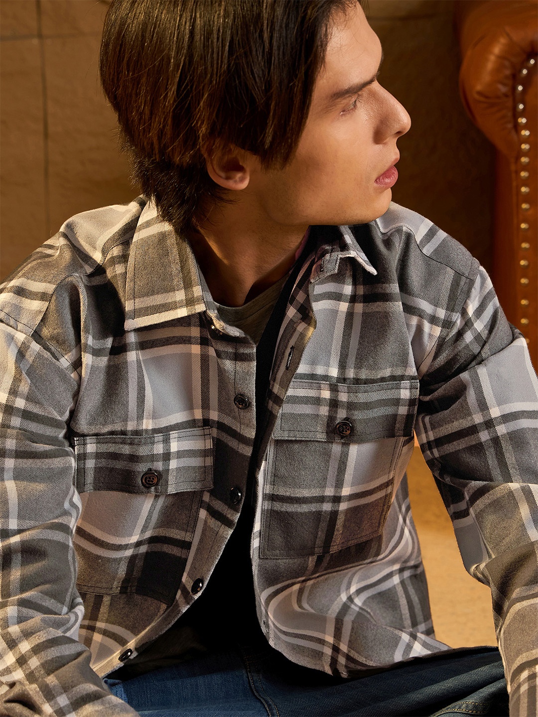 

DENNISON Double Pocket Drop Shoulder Oversized Cotton Checked Shacket, Grey