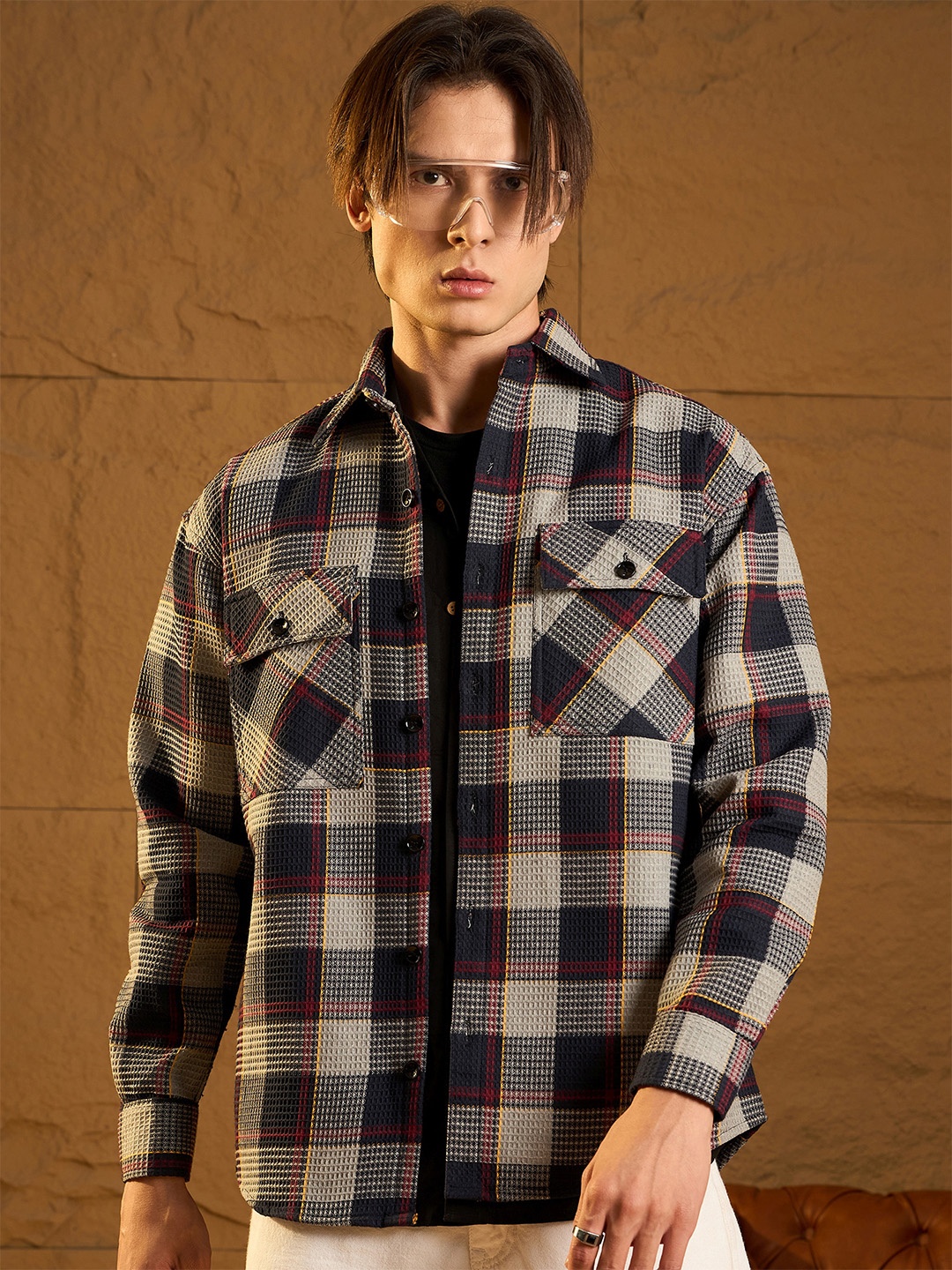 

DENNISON Men Double Pocket Drop Shoulder Oversized Cotton Checked Shacket, Grey