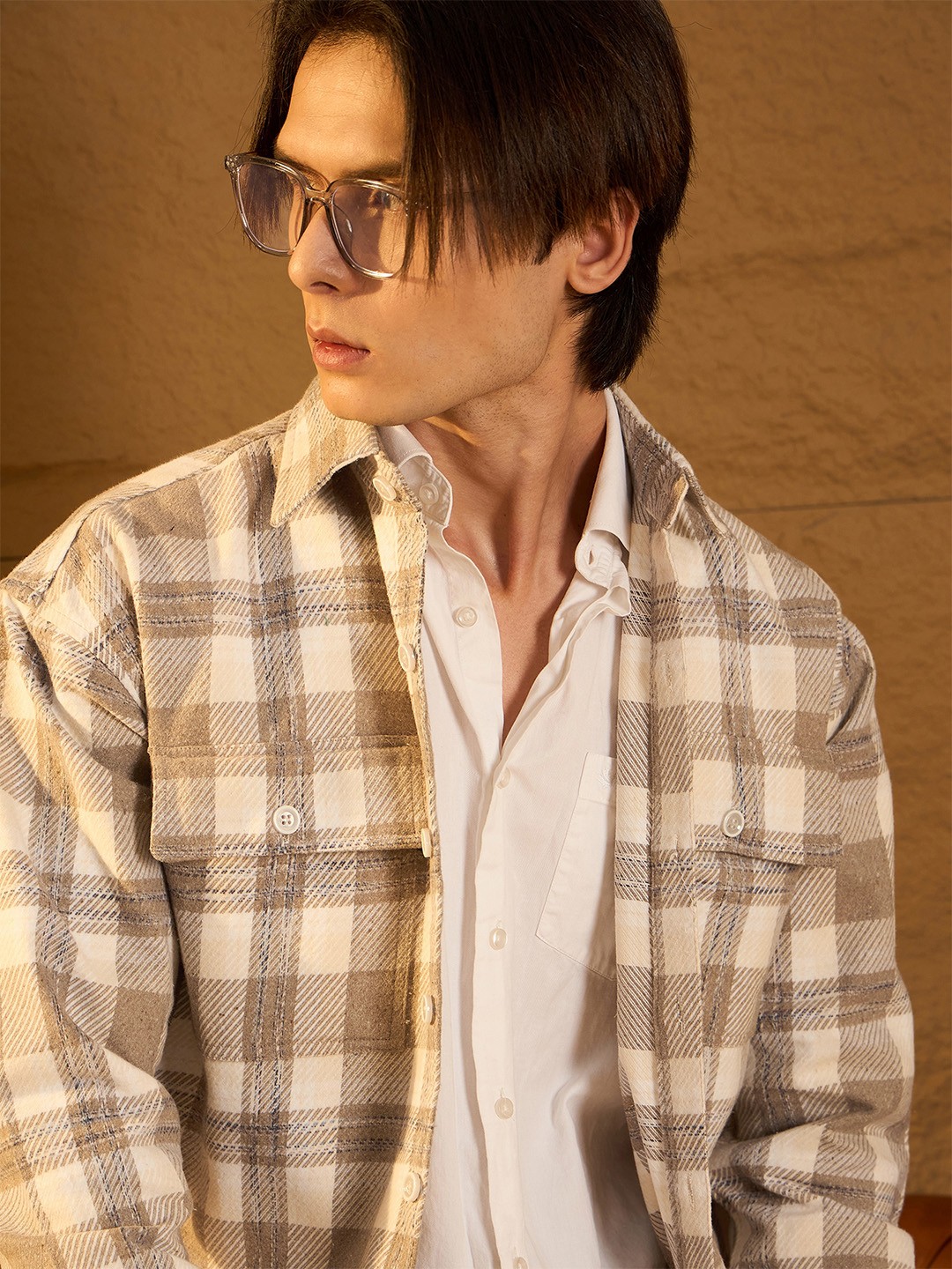 DENNISON Men Double Pocket Drop Shoulder Oversized Cotton Checked Shacket, Beige