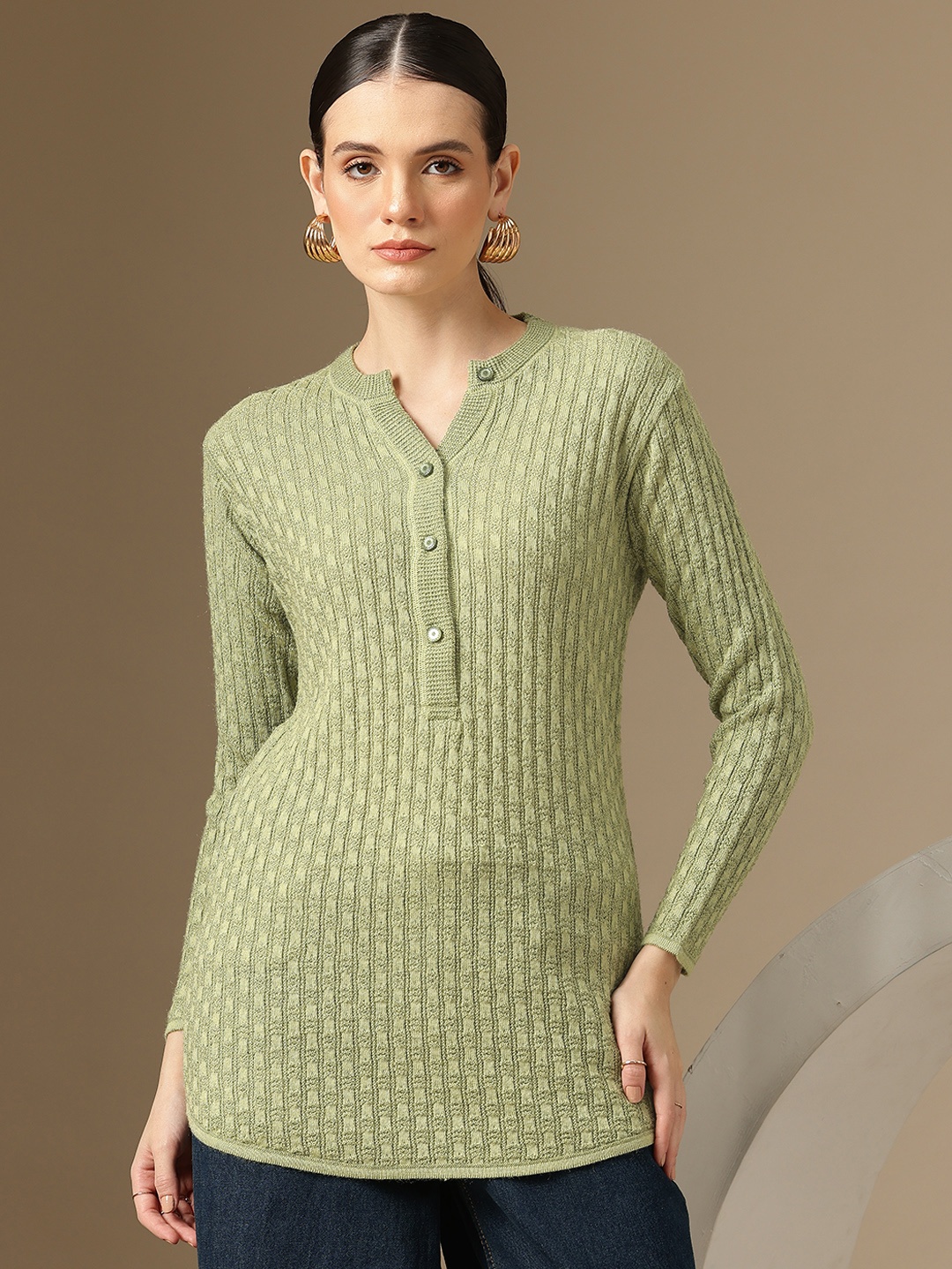 

Chemistry Cable Knit Woollen Longline Pullover, Green
