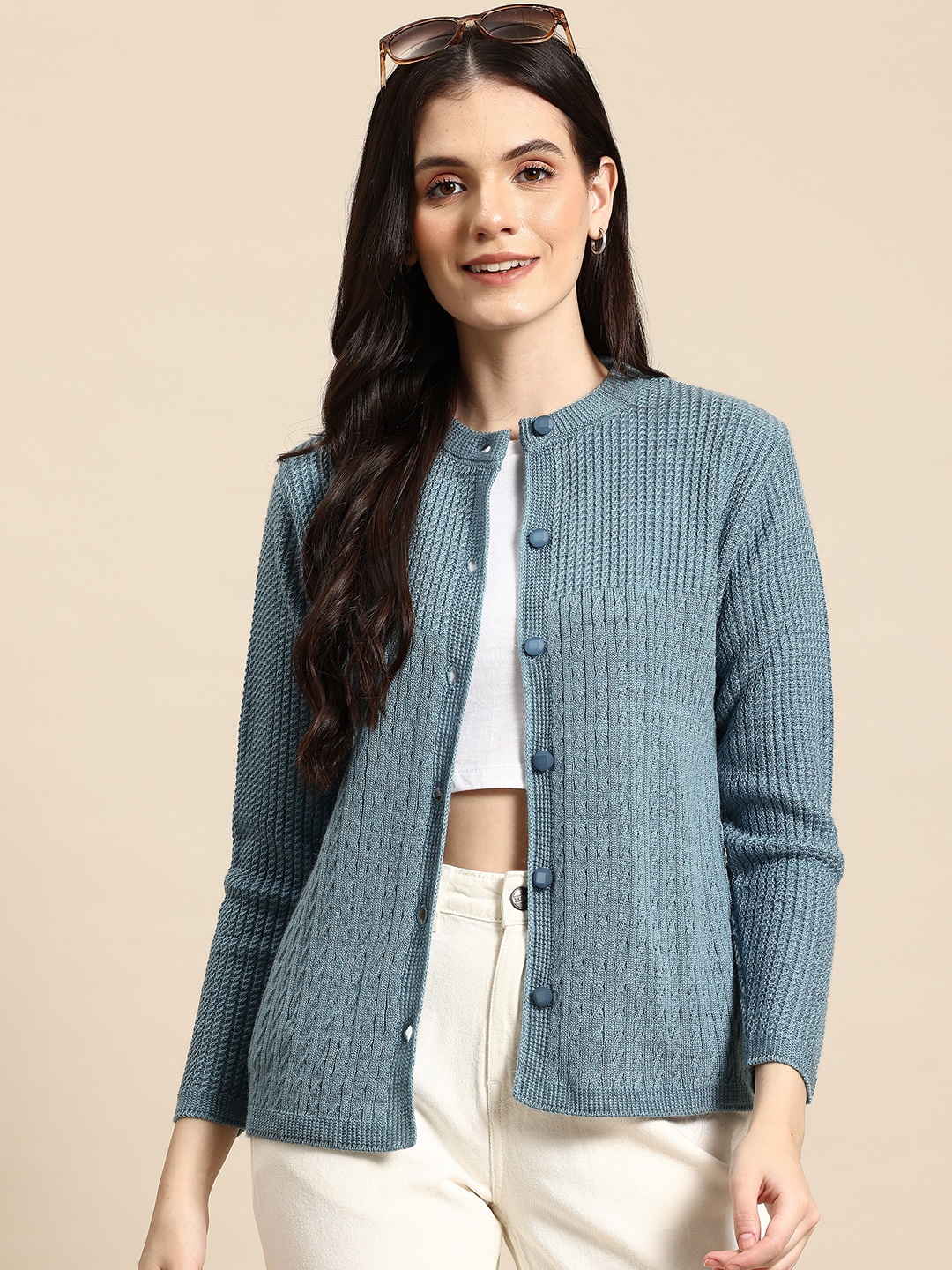

Mast & Harbour Cable Knit Woollen Cardigan, Blue