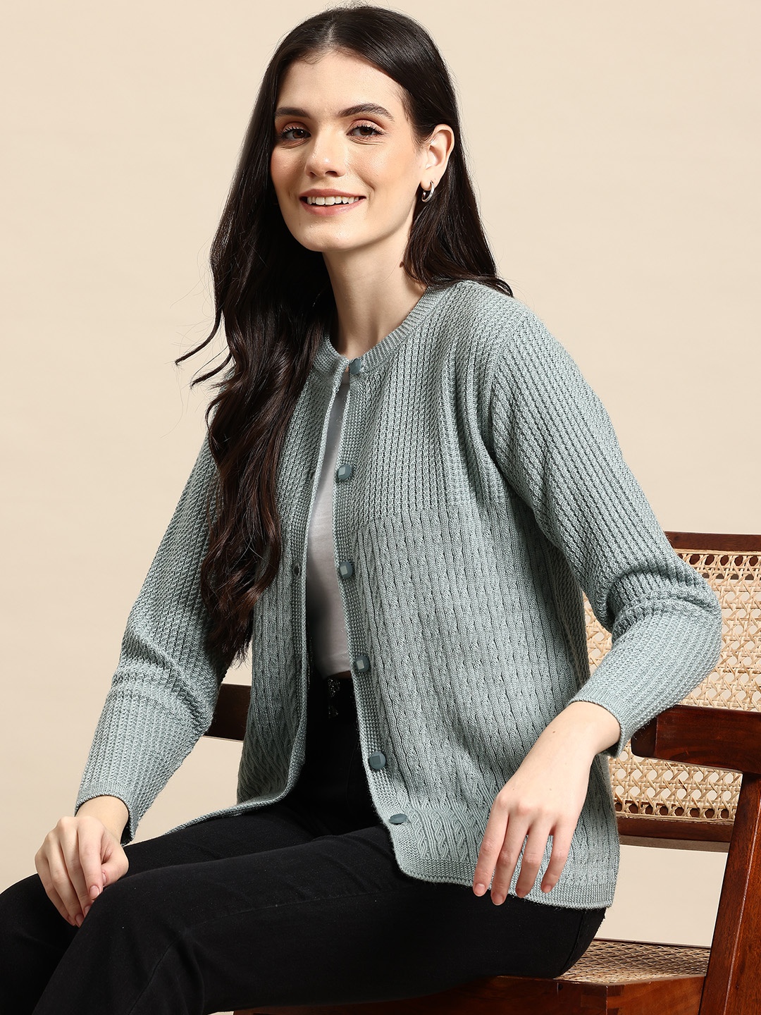 

Mast & Harbour Cable Knit Woollen Cardigan, Green