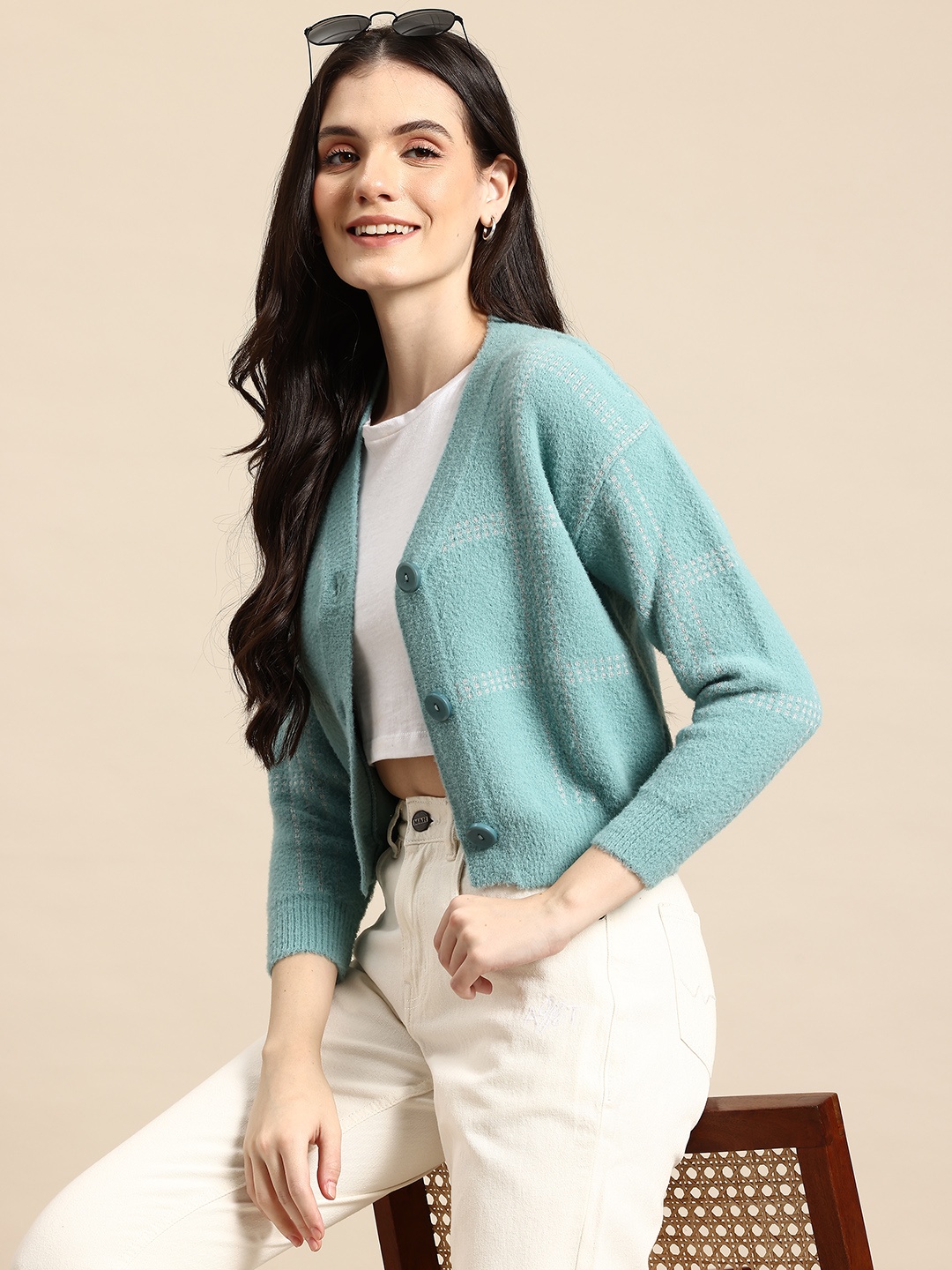 

Mast & Harbour Checked Woollen Crop Pullover, Blue