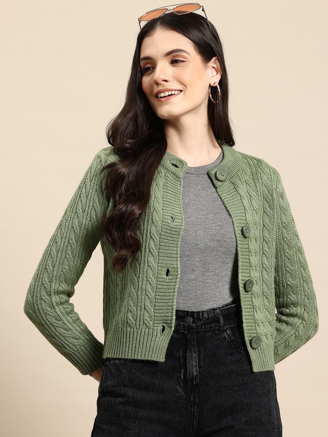 

Mast & Harbour Cable Knit Woollen Crop Pullover, Green