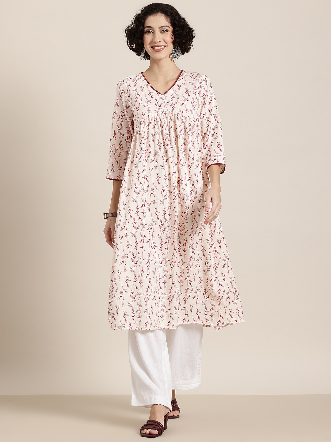 

HERE&NOW Floral Printed Empire Pure Cotton Kurta, White
