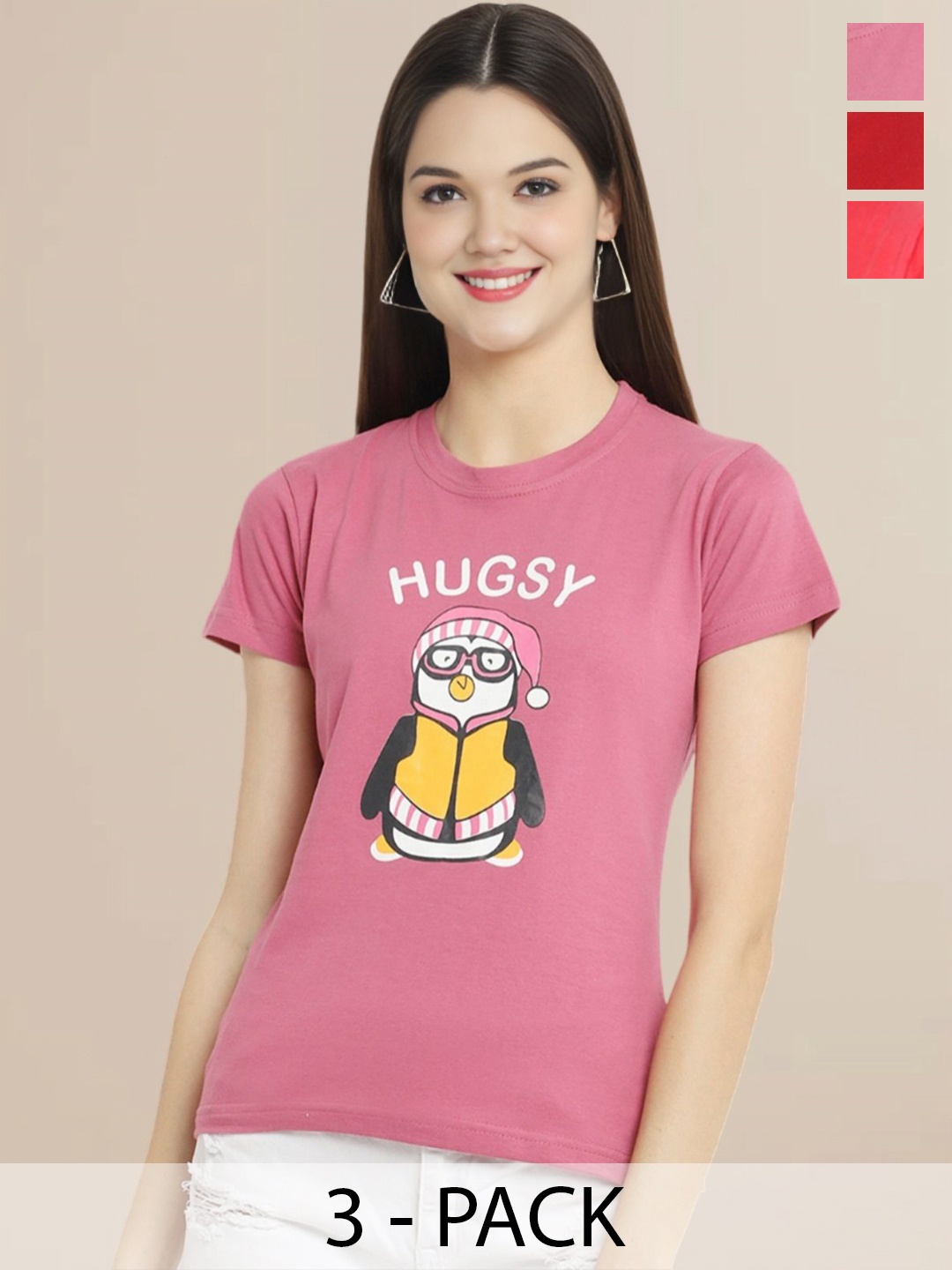 Metronaut Pack of 3 Typography Printed T-shirt, Mauve