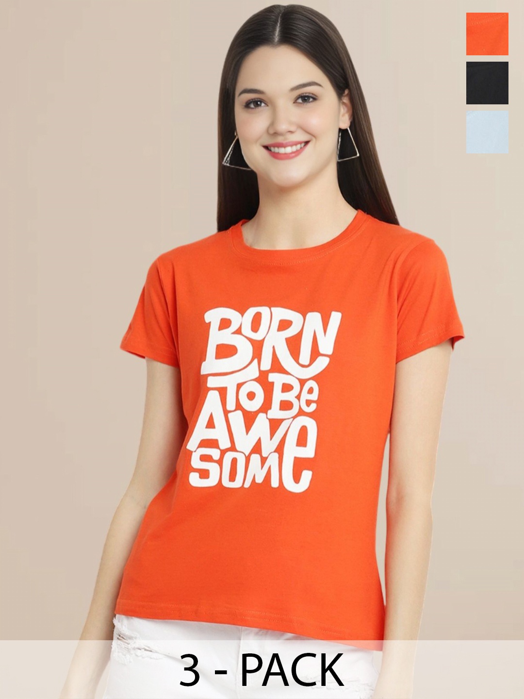 

Metronaut Women Typography Set of 3 Cotton T-shirts, Orange