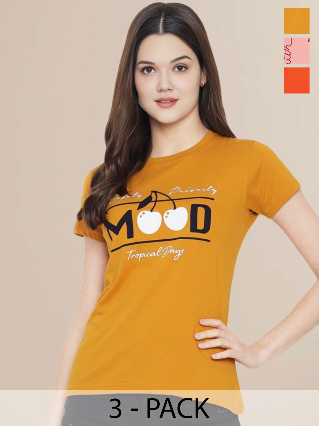 

Metronaut Women Pack of 3 Printed Cotton T-shirts, Orange