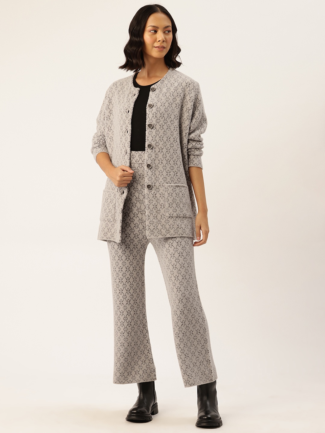 

APSLEY Collarless Self-Design Front Open Sweater & Trousers, Taupe