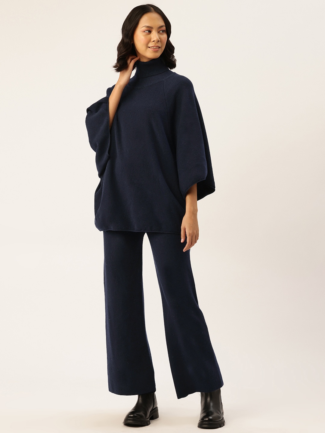 

APSLEY Turtle Neck Raglan Sleeves Pullover Sweater & Trousers, Navy blue