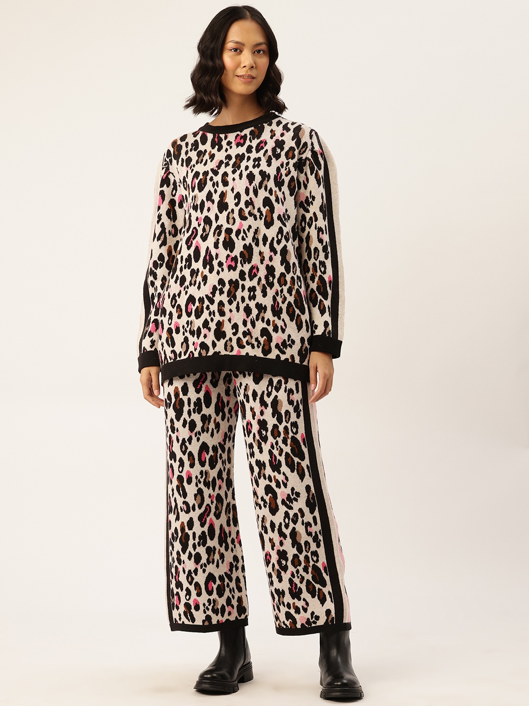 

APSLEY Self-Design Animal Print Pullover Sweater & Trousers, Off white