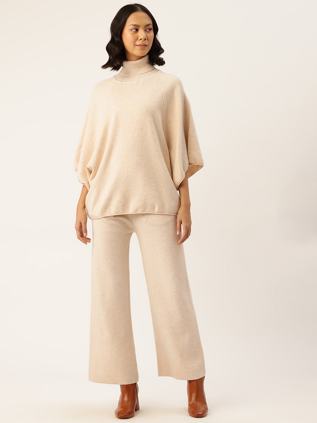 

APSLEY Turtle Neck Raglan Sleeves Pullover Sweater & Trousers, Beige