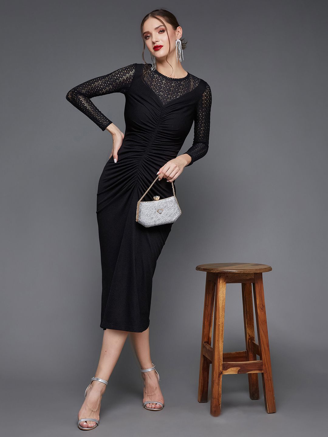 

Miss Chase Women Self Design Round Neck Long Sleeves Sheath Midi Dress, Black