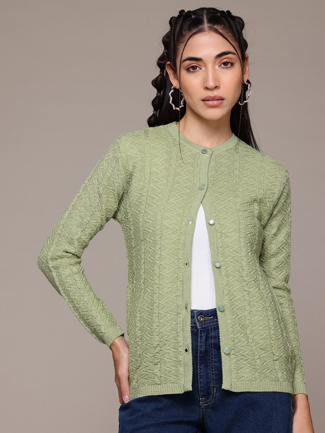 

The Roadster Lifestyle Co. Cable Knit Woollen Cardigan, Green