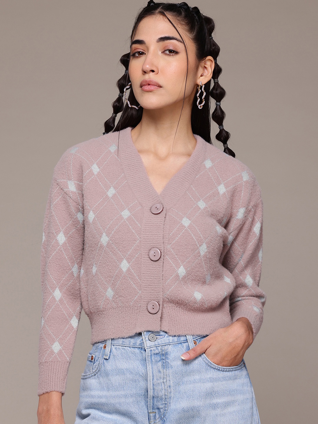 

The Roadster Lifestyle Co. Printed Woollen Crop Cardigan, Mauve