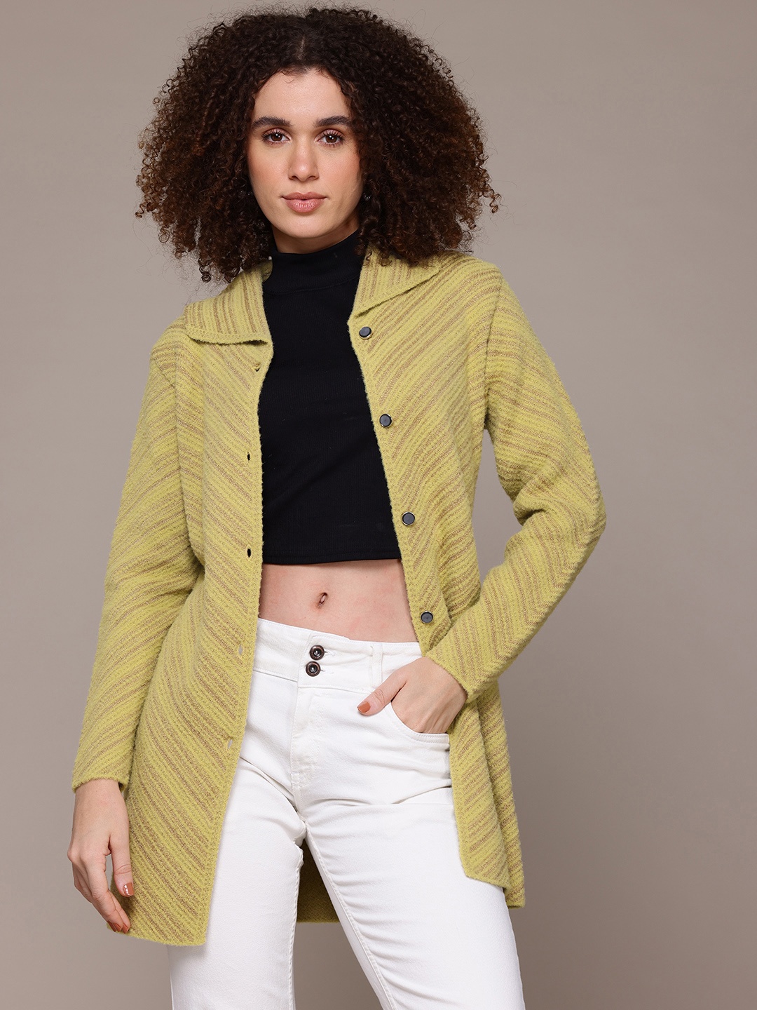 

The Roadster Lifestyle Co. Chevron Woollen Longline Cardigan, Mustard