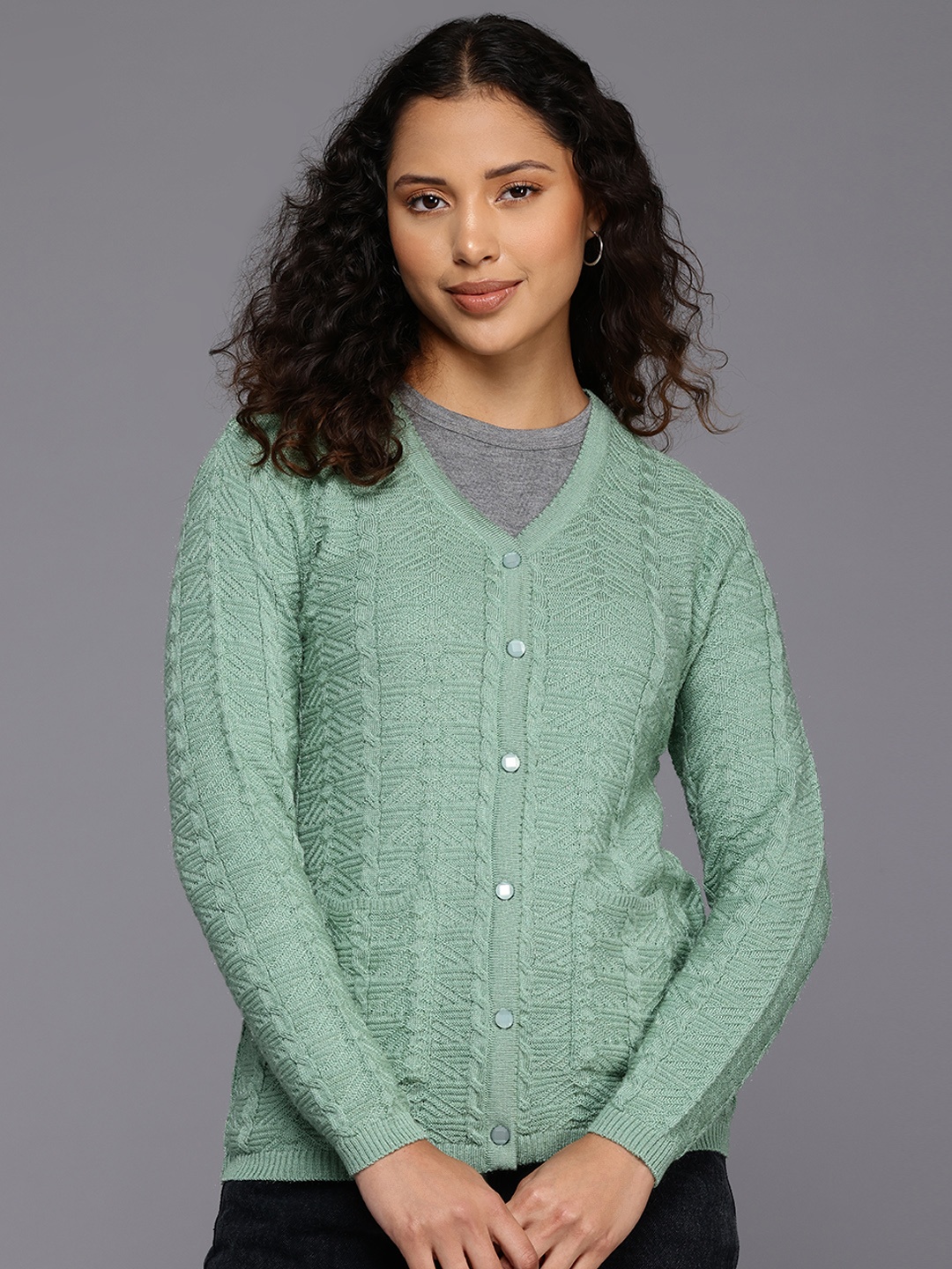 

BROOWL Self Design Cable Knit Woollen Cardigan, Green