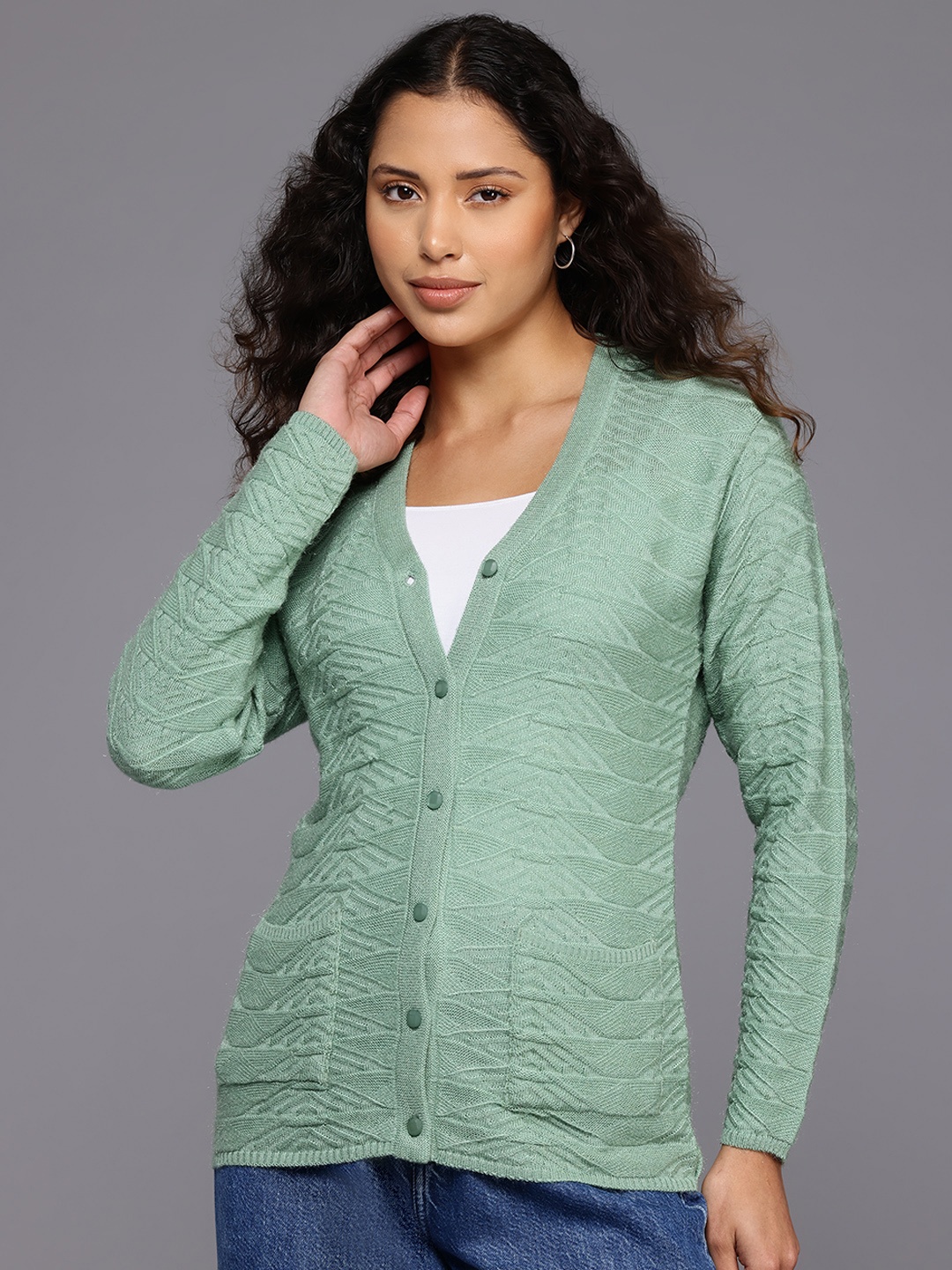 

BROOWL Self Design Woollen Cardigan, Green