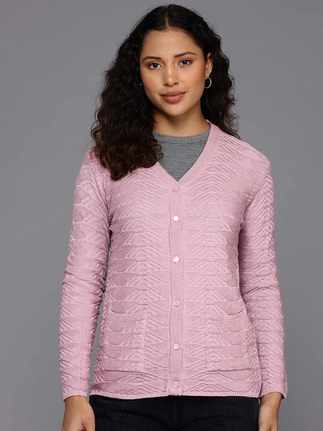 

BROOWL Self Design Woollen Cardigan, Mauve