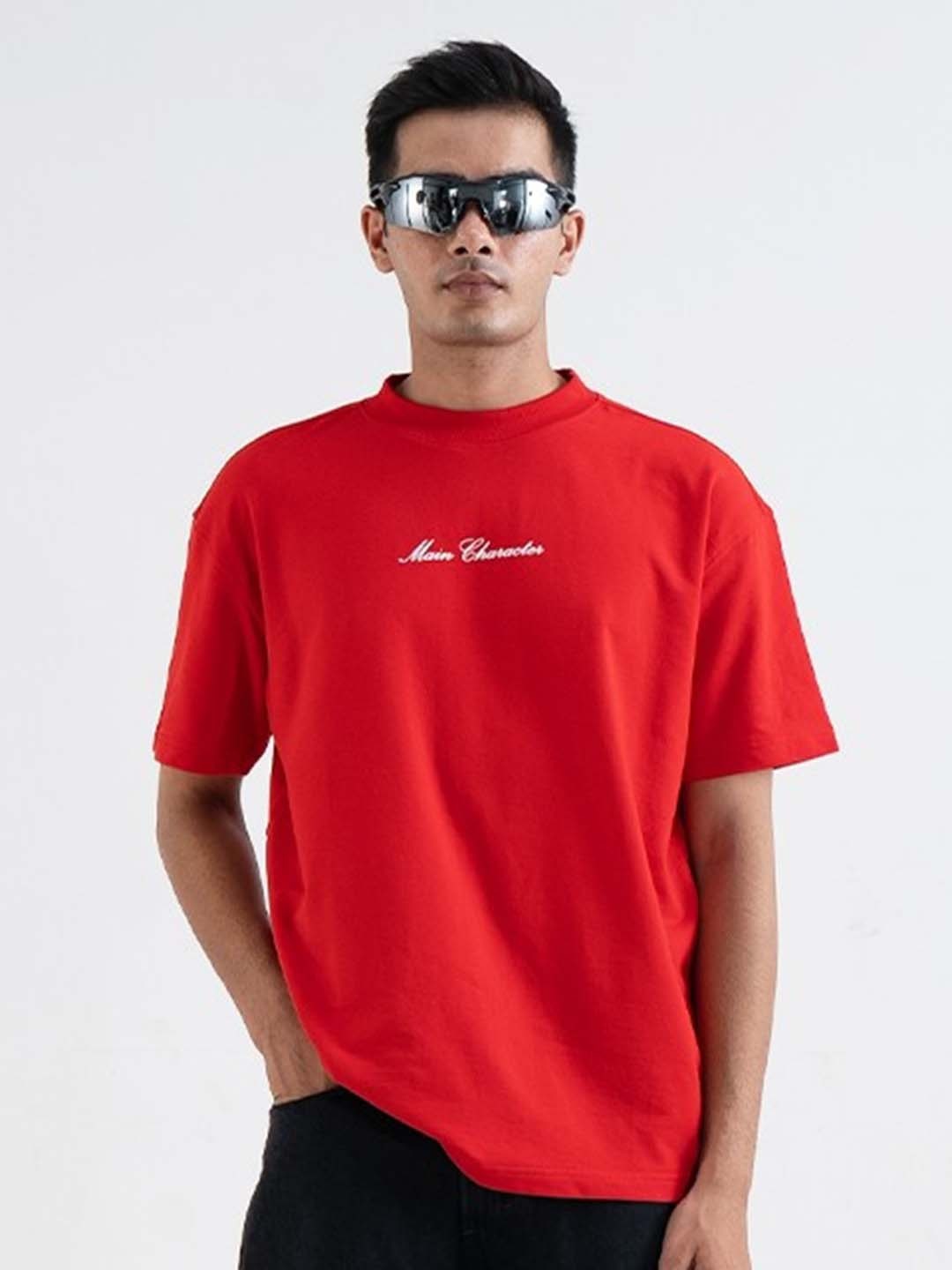 

Main Character India Unisex Typography Printed Drop-Shoulder Sleeves T-shirt, Red
