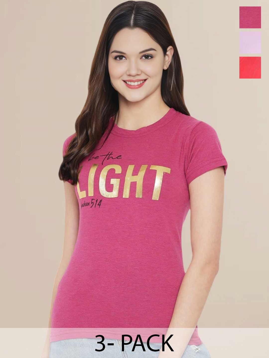 

Metronaut Women Typography Set of 3 Cotton T-shirts, Pink