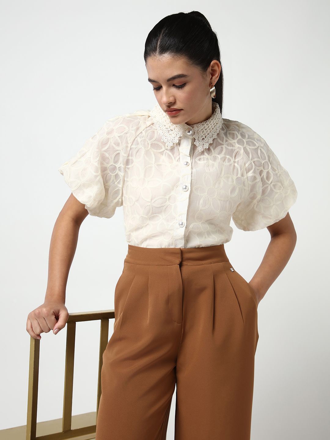 

SHOWOFF Floral Embroidered Semi Sheer Shirt With Inner Slip, Cream