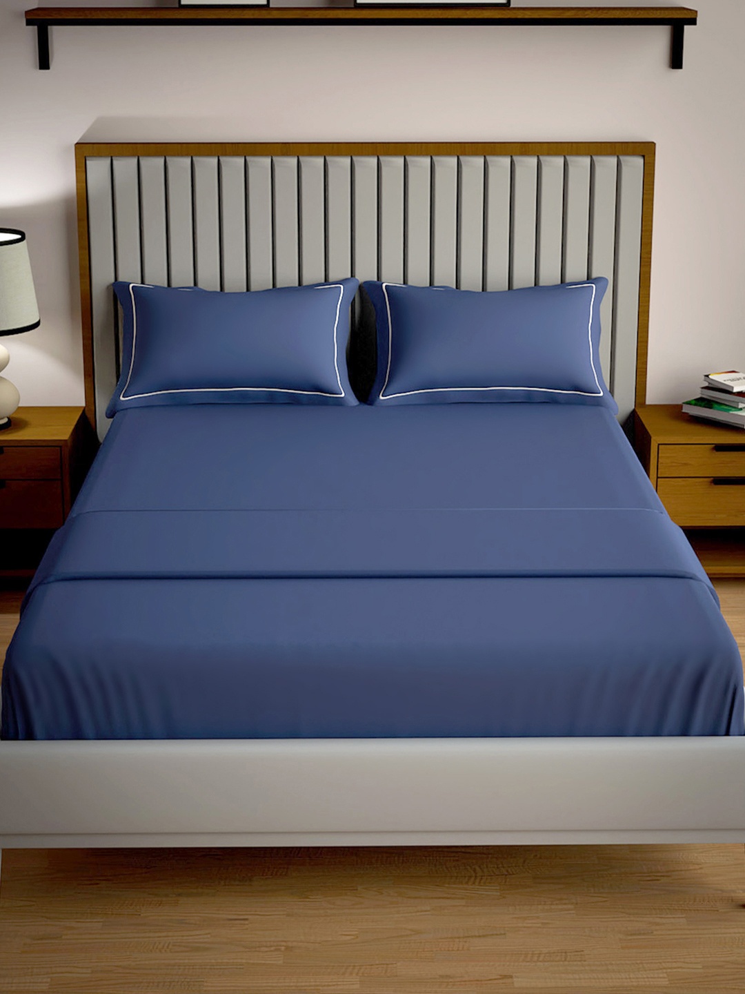 Mulberry Living Serenity Navy Blue 250 TC Super King Size Cotton Bedsheet & 2 PillowCovers