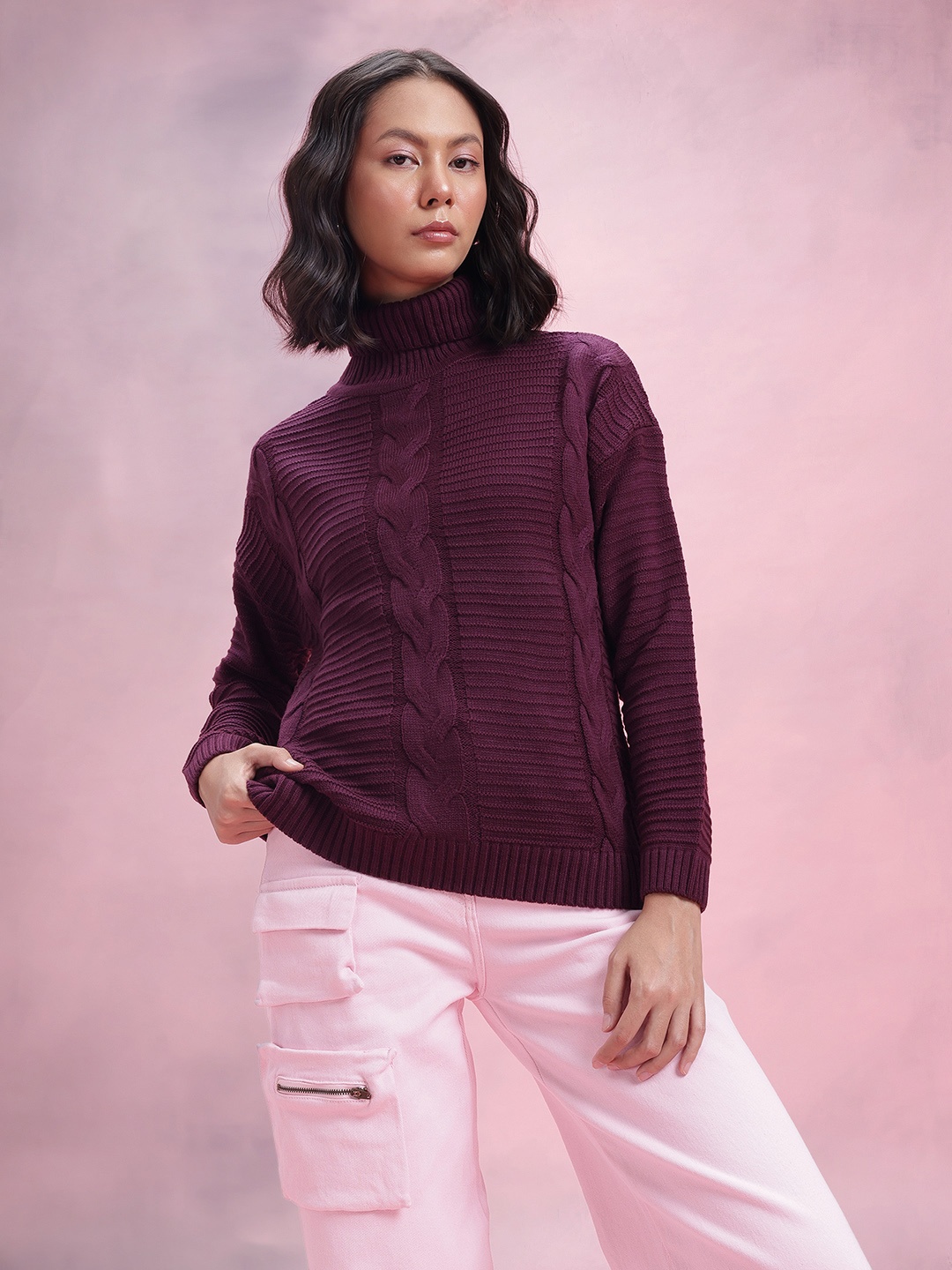 

DressBerry Cable Knit Turtle Neck Pullover, Purple