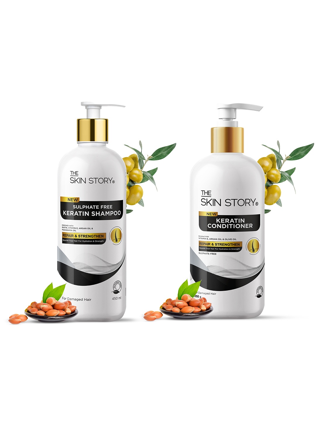 

THE SKIN STORY Sulfate Free Keratin Shampoo 450ml & Conditioner 250g, White
