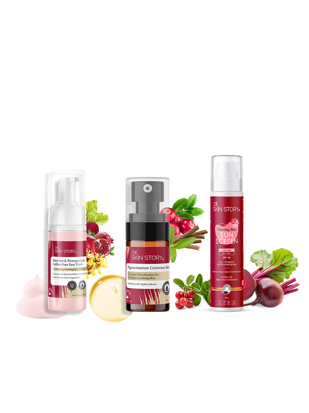 

THE SKIN STORY 3-Step Face Care Trio - Face Serum 25ml + Face Wash 100ml + Sunscreen 40g, Red