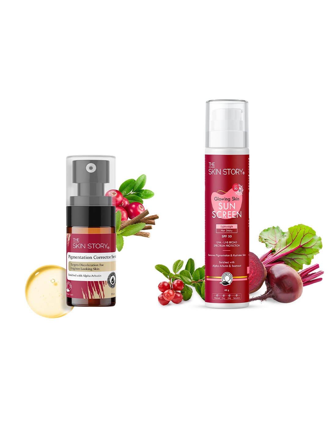 

THE SKIN STORY Set Of Pigmentation Corrector Serum & Glowing Skin Sunscreen - 25ml + 40g, Red