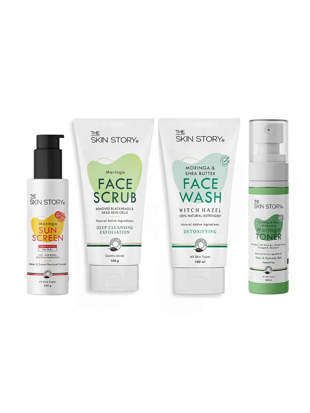 

THE SKIN STORY Set Of Moringa Scrub, Facewash, Sunscreen & Toner - 200g + 200ml, White