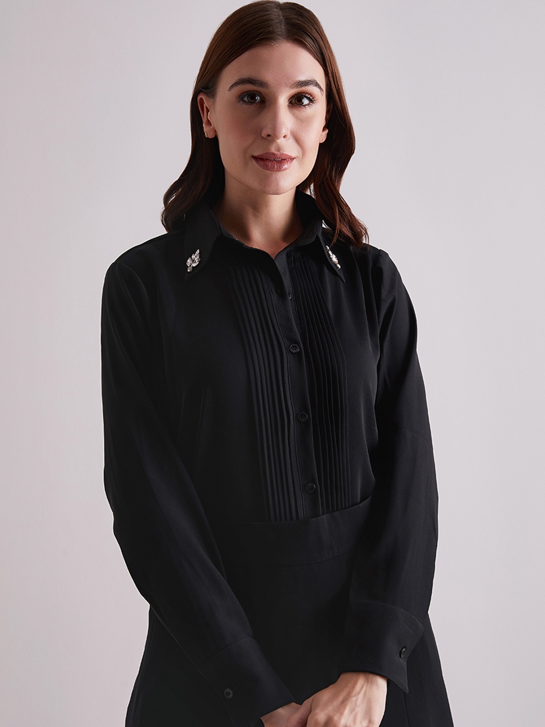 

TORSHA Women Comfort Accordion Pleats Embellished Slim Fit Casual Shirt, Black