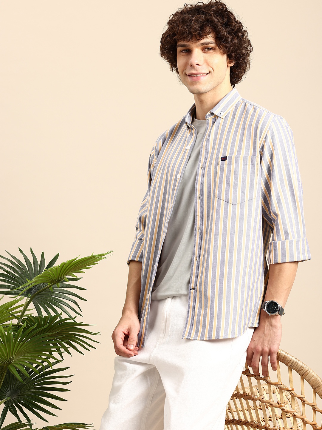 

Mast & Harbour Men Standard Striped Casual Shirt, Yellow