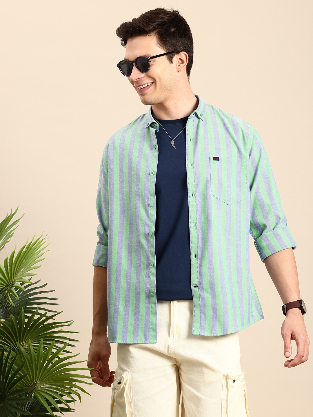 

Mast & Harbour Men Standard Striped Casual Shirt, Green