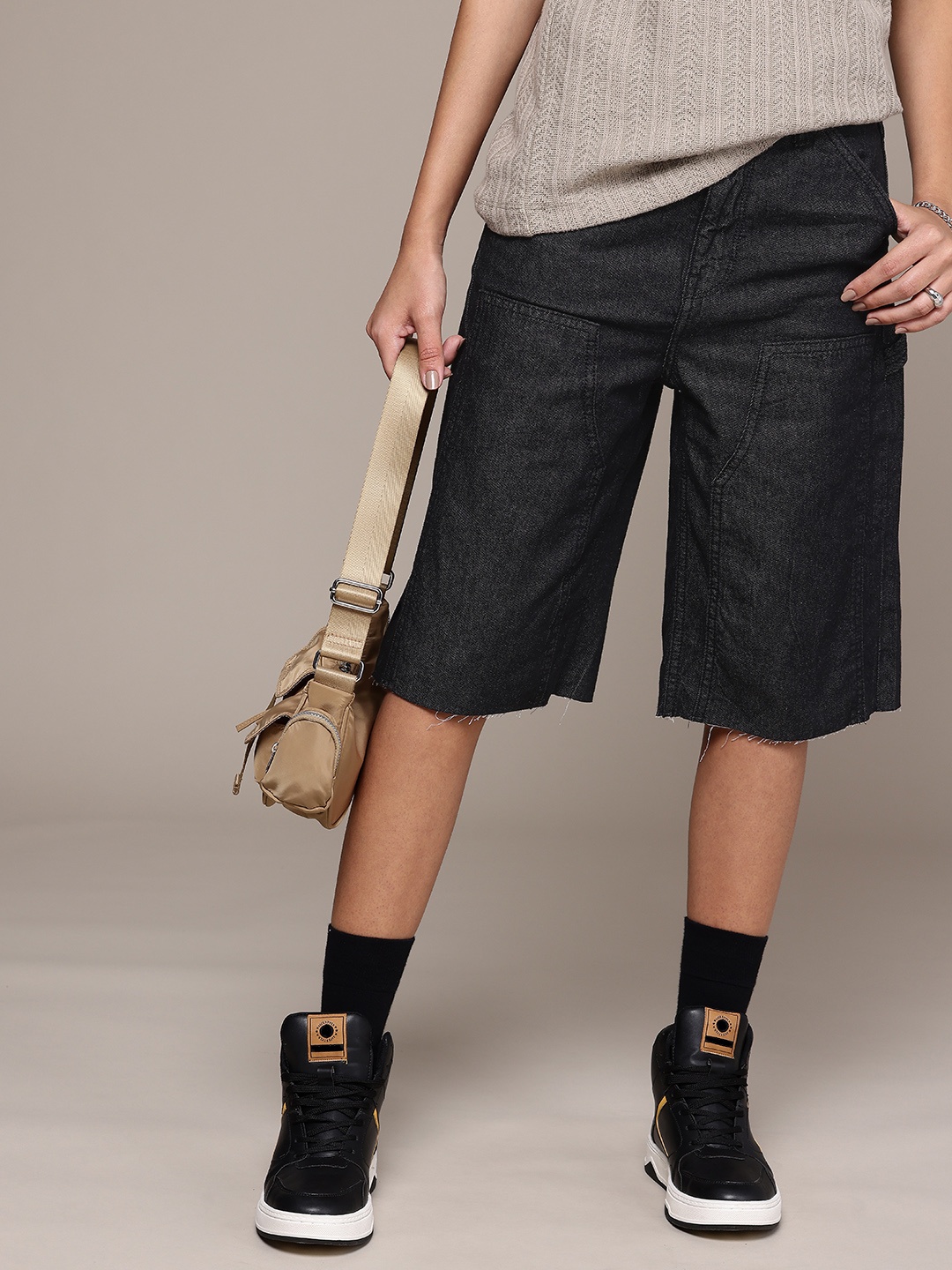 

The Roadster Lifestyle Co. Women Pure Cotton Denim Shorts, Black