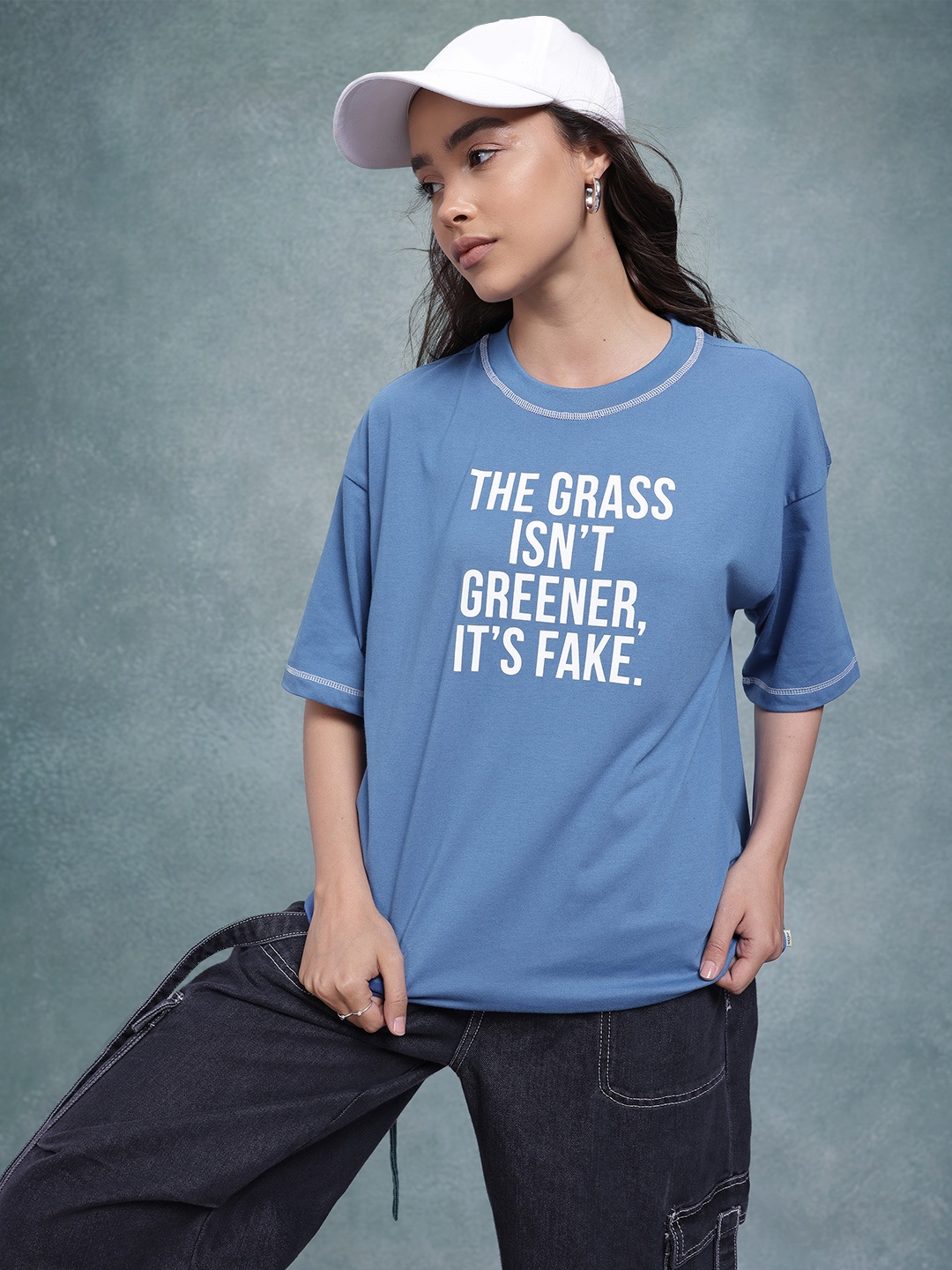 

The Roadster Life Co. Typography Print Drop-Shoulder Sleeves T-shirt, Blue