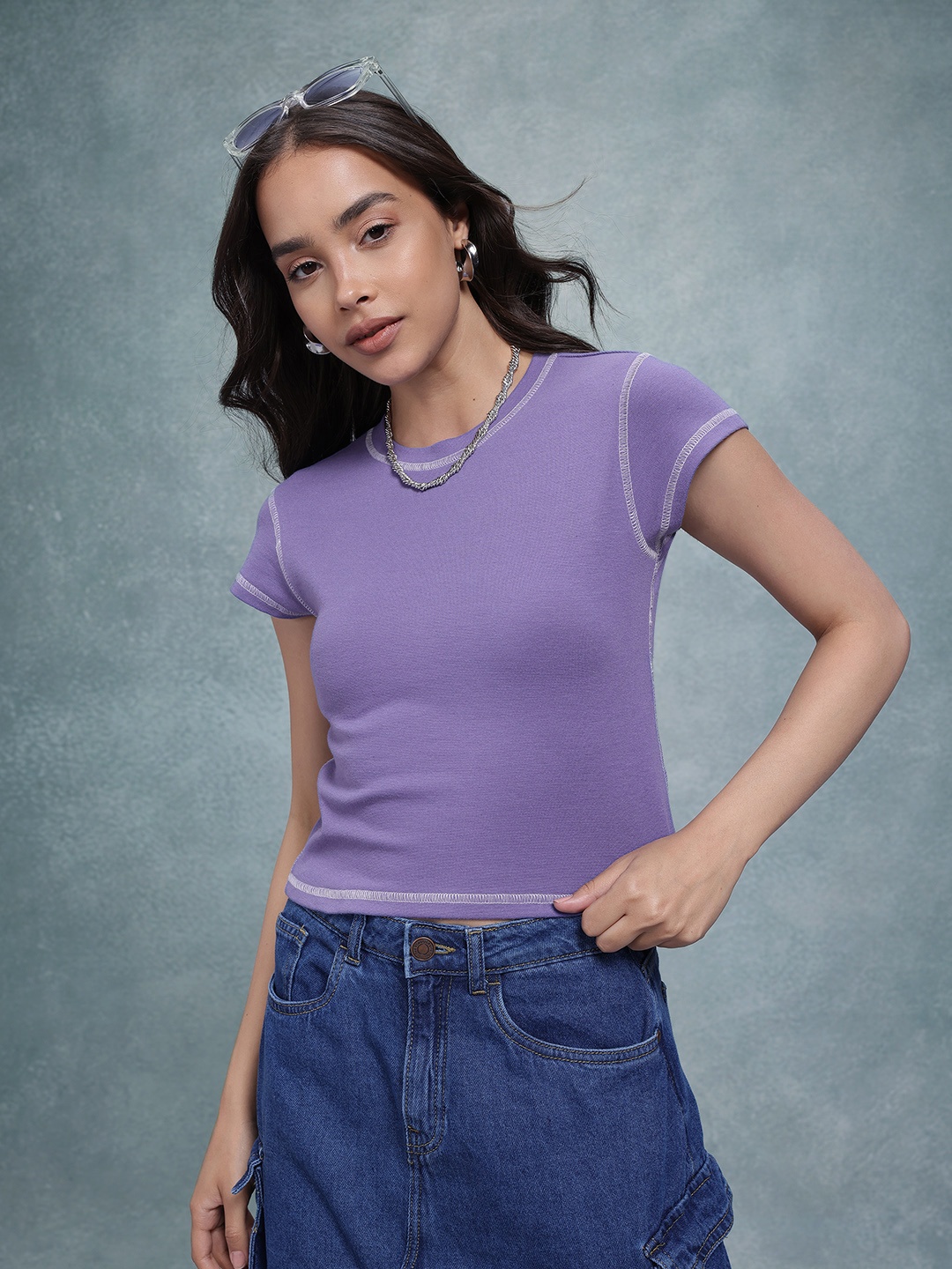 

The Roadster Life Co. Women Contrast Stitch T-shirt, Purple