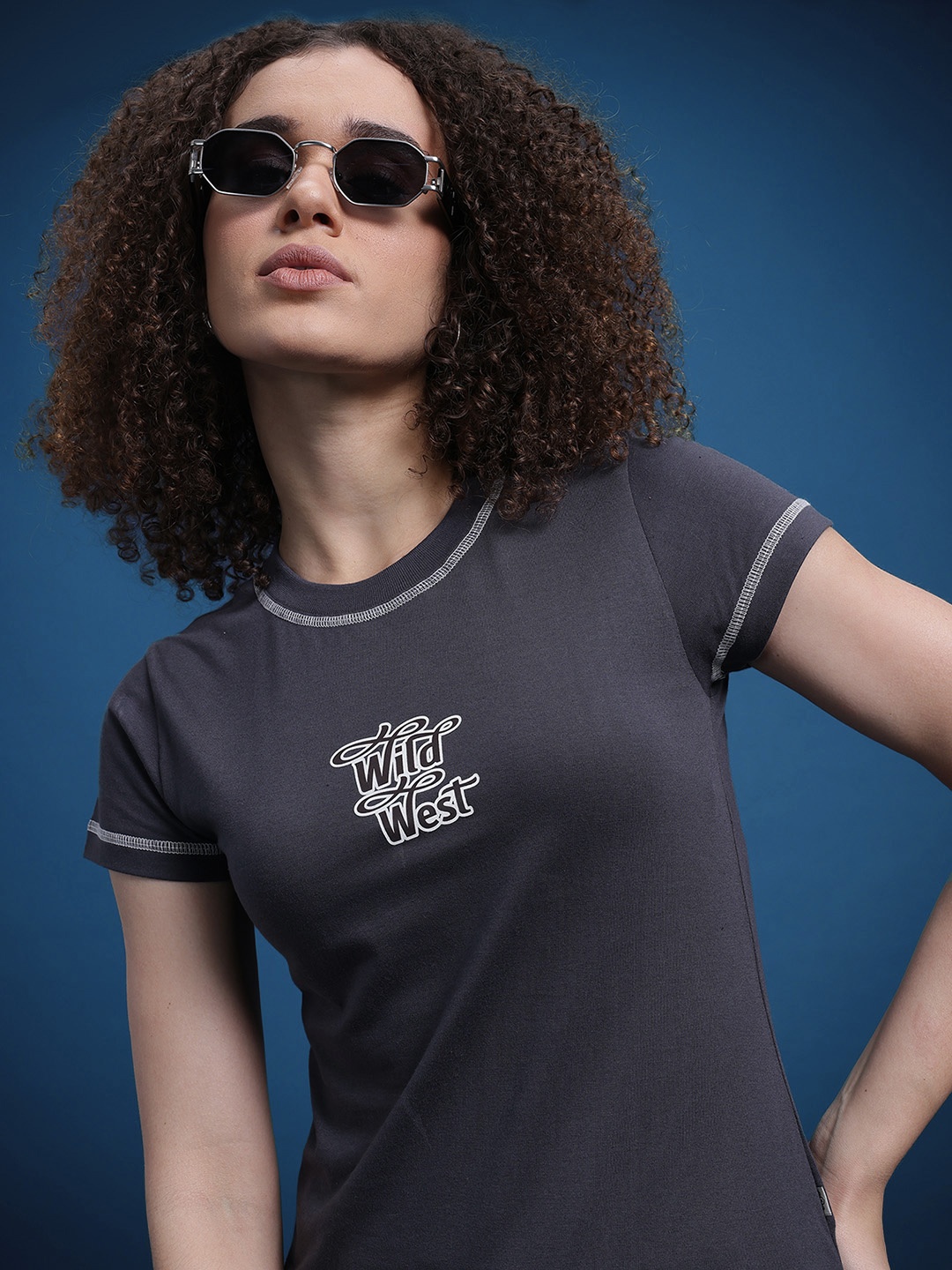 

The Roadster Life Co. Typography Print Round-Neck Crop T-shirt, Charcoal