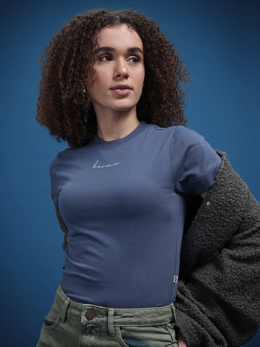

The Roadster Life Co. Typography Print Round-Neck Crop T-shirt, Navy blue