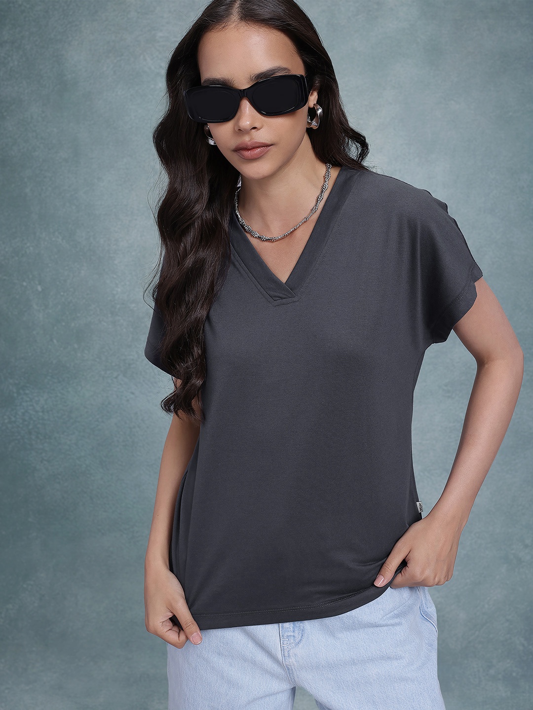 

The Roadster Life Co. Women V-Neck Extended Sleeves T-shirt, Charcoal