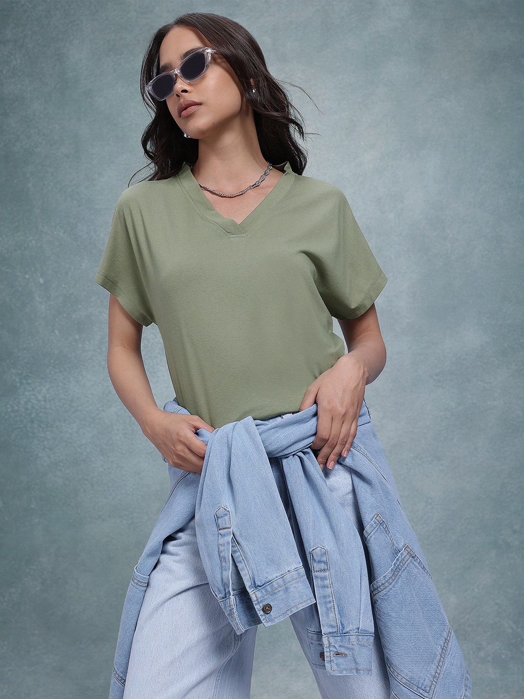 

The Roadster Life Co. Women V-Neck Extended Sleeves T-shirt, Green