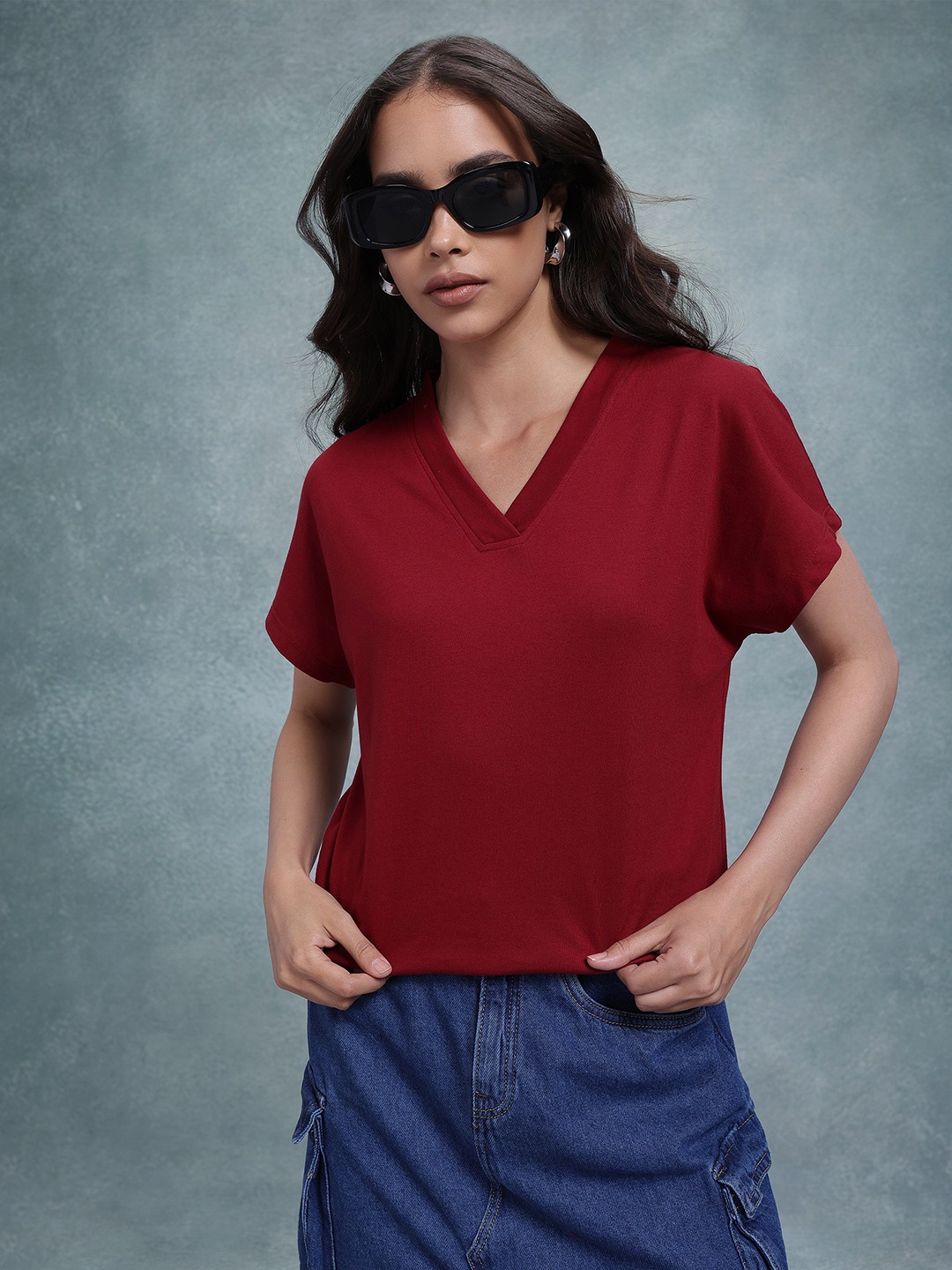 

The Roadster Life Co. Women V-Neck Extended Sleeves T-shirt, Red