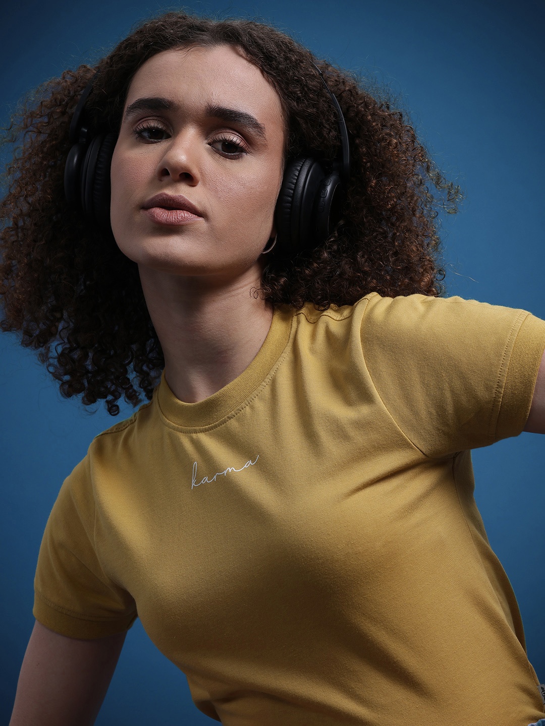 

The Roadster Life Co. Typography Print Round-Neck Crop T-shirt, Mustard
