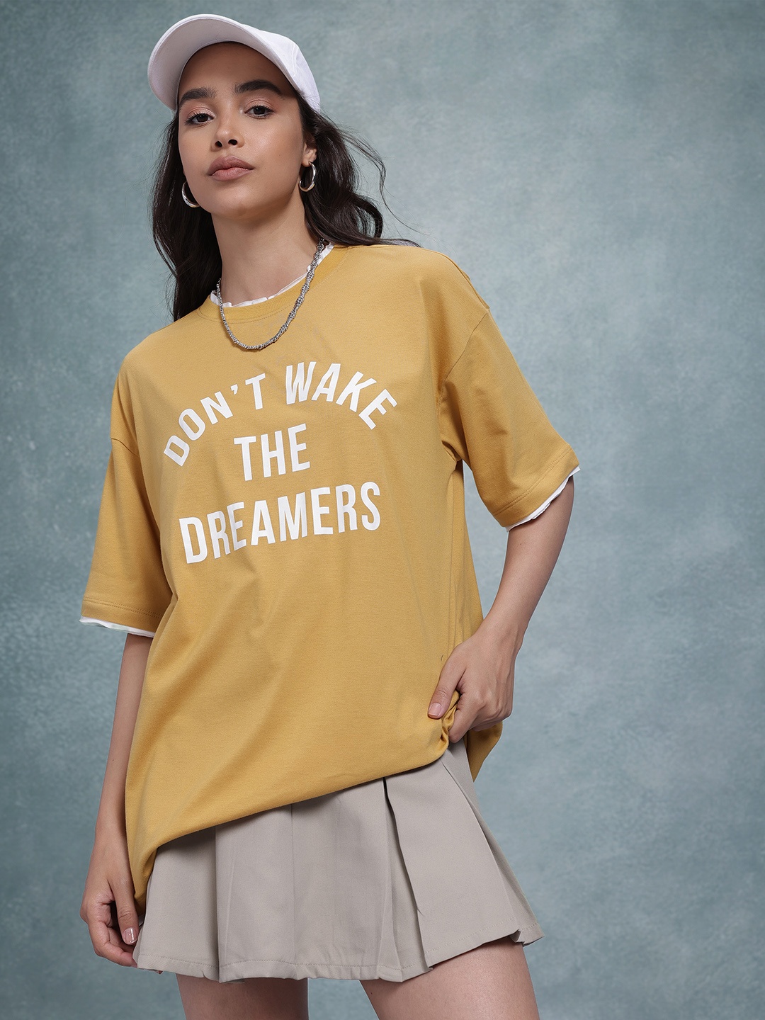 

The Roadster Life Co. Women Typography Printed Oversized T-shirt, Mustard