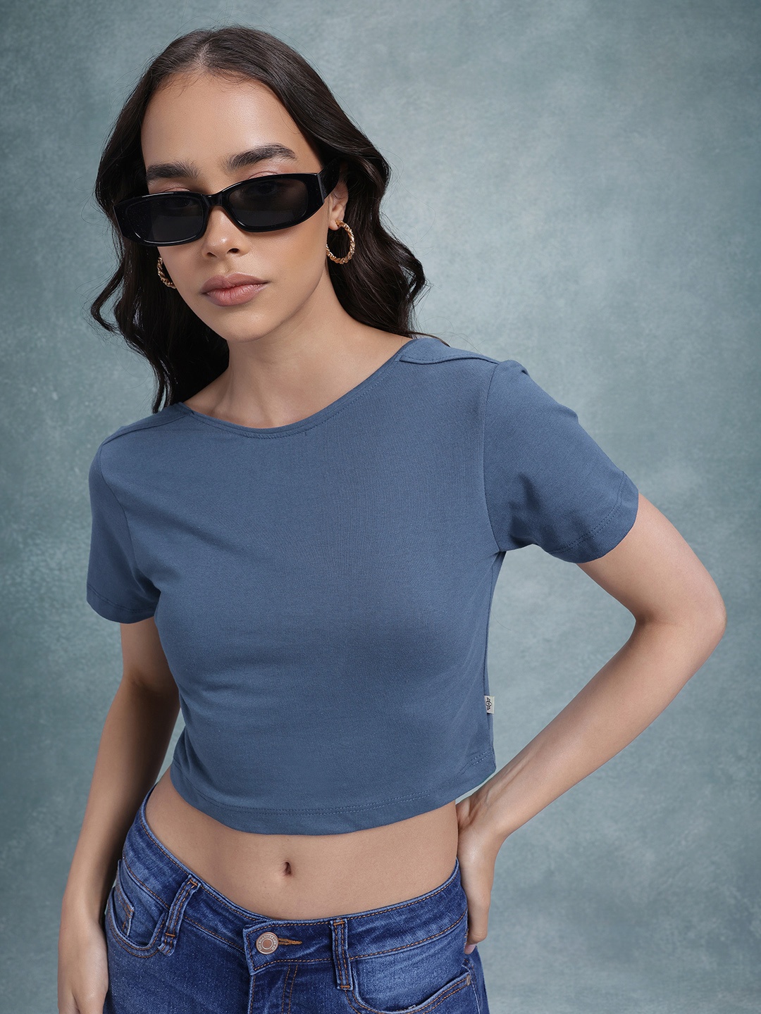 

The Roadster Life Co. Pure Cotton Crop T-shirt, Navy blue