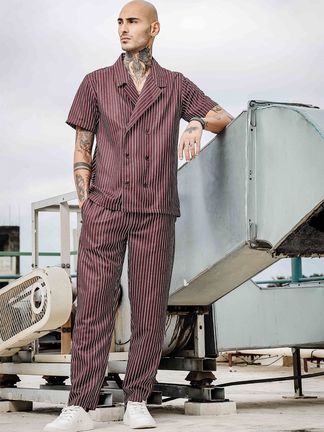 

House of Koala Notched Lapel Collar Striped Shirt With Trousers Co-Ords Set, Brown