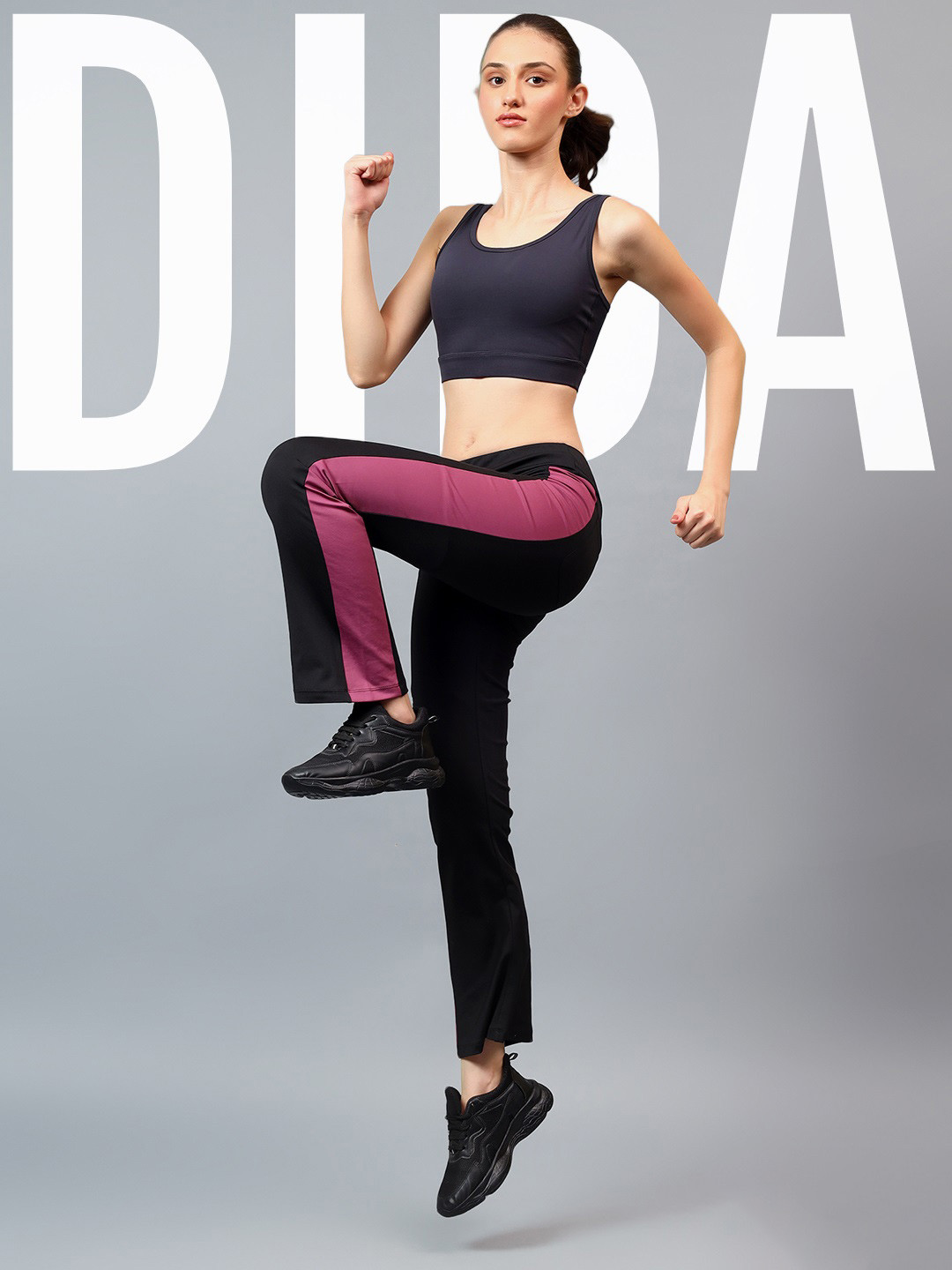 

DIDA Colourblock Quick Dry Ankle Length High Rise Slim Fit Activewear Flared Tight, Black
