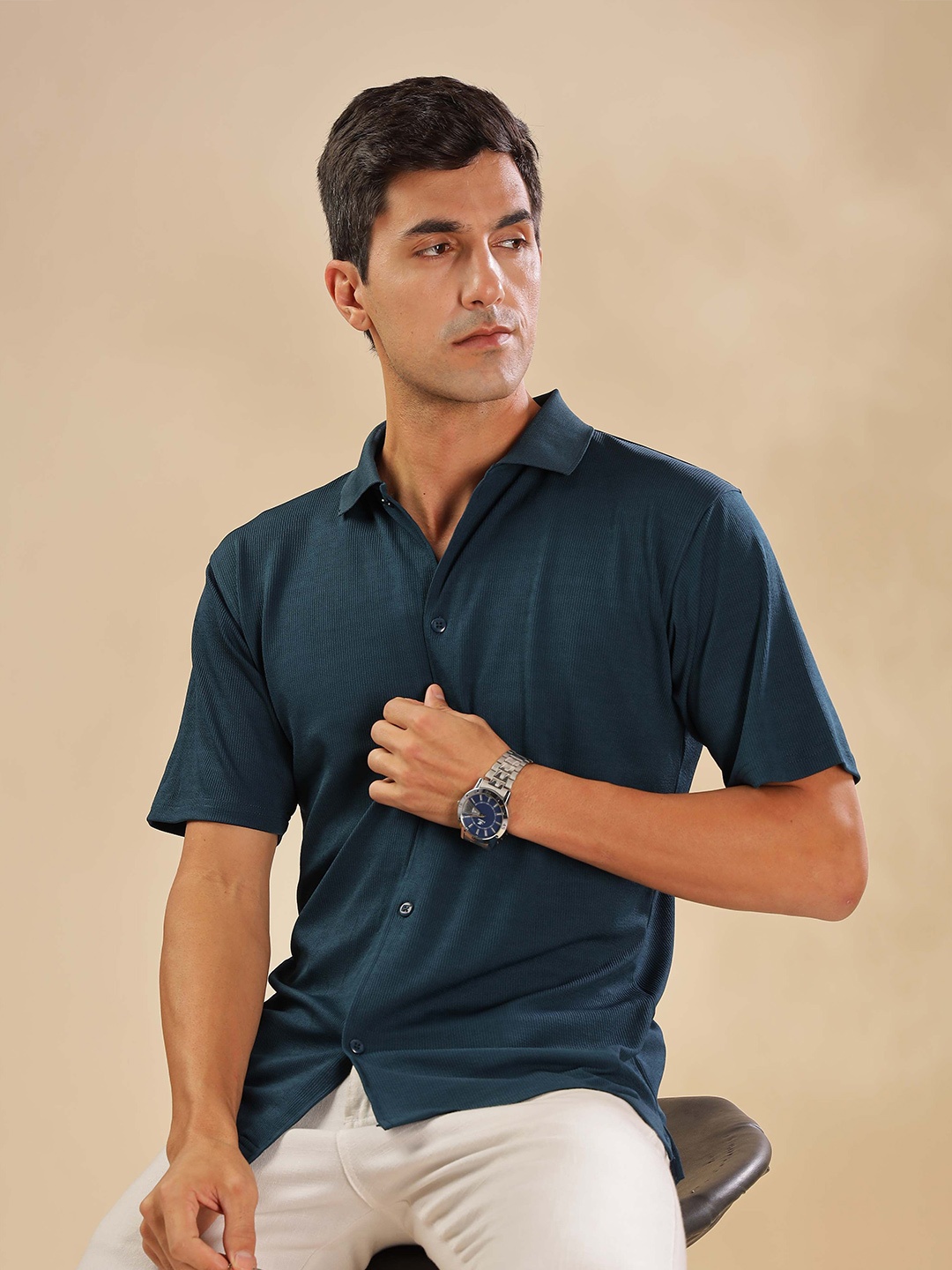 

HERE&NOW Men Textured Spread Collar Slim Fit Casual Shirt, Teal