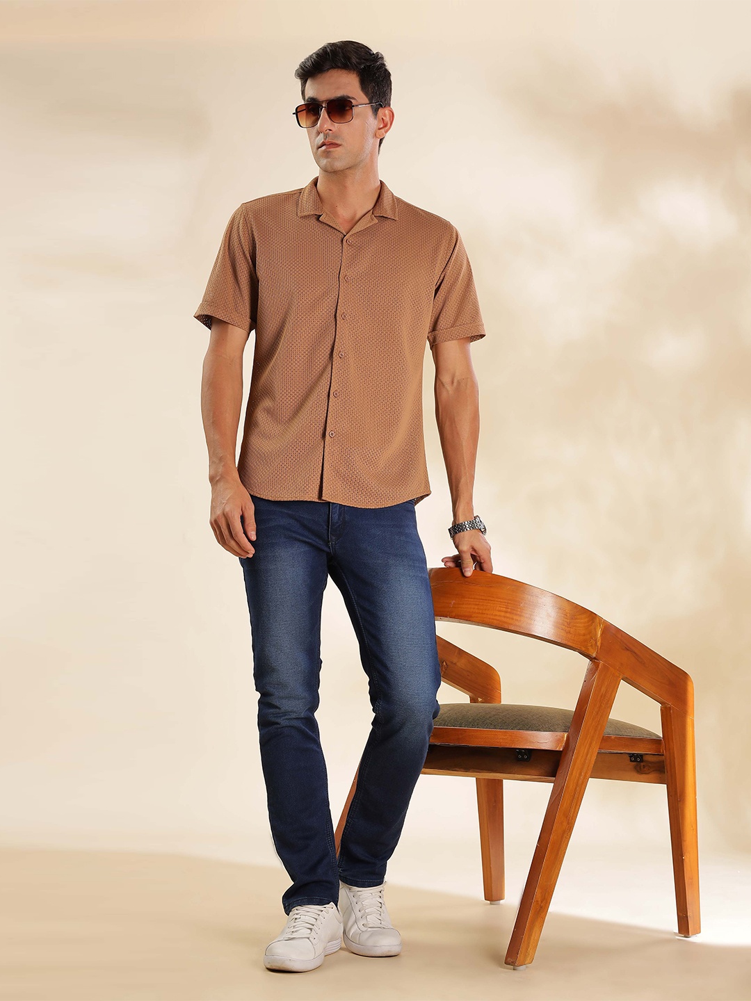 

HERE&NOW Men Cuban Collar Textured Slim Fit Casual Shirt, Brown